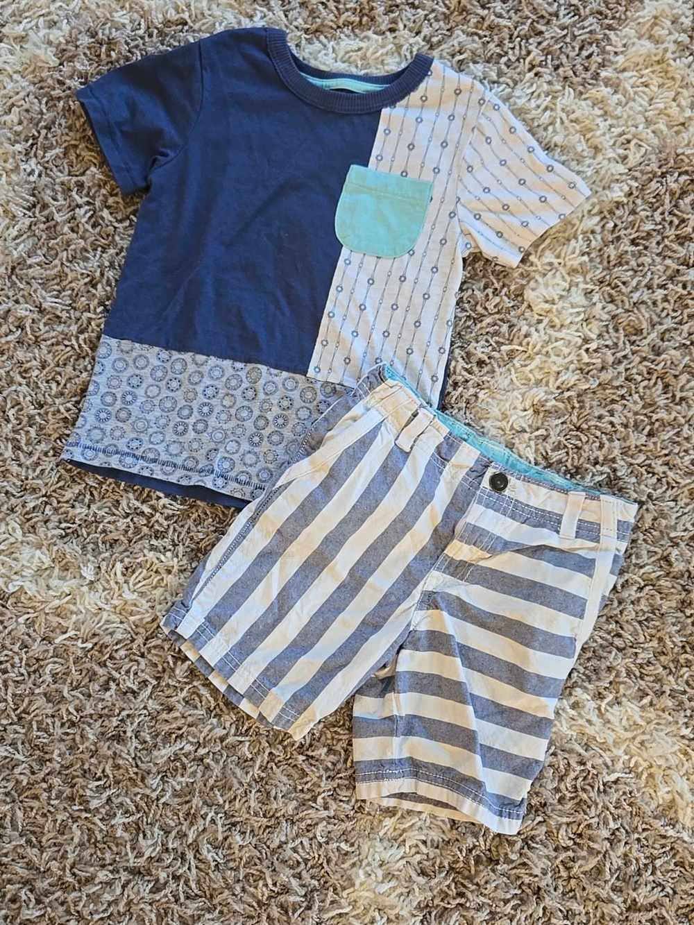 Oshkosh Genuine Kids Navy & Light Blue Pocket Tee and Striped Shorts Set